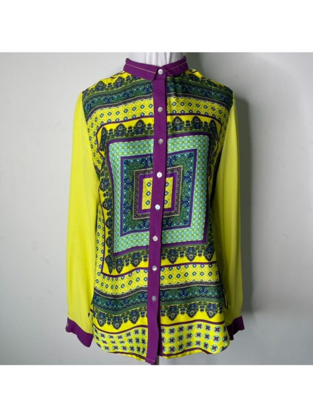 Scarf Print Blouse Shirt Long Sleeve Button Down Neon Yellow Purple Baroque Med